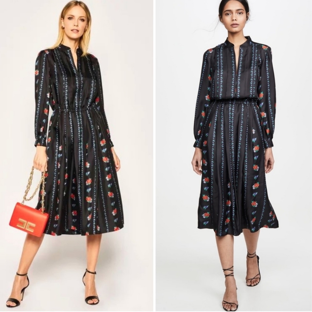 Tory Burch Black Floral-Stripe Midi Dress